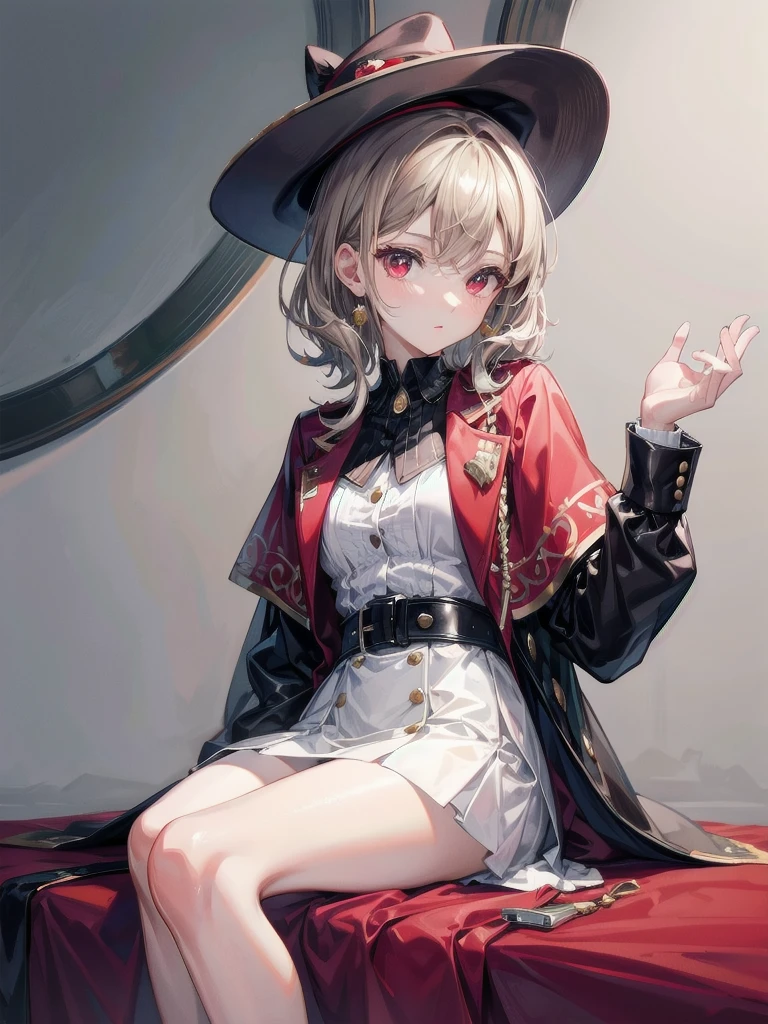 detective, brown headwear, brown capelet, absurdres, RAW photo, extremely delicate and beautiful, masterpiece, Best Quality, ultra high resolution, 32k, hyperrealistic, ultra-detailed, detailed description, pale skin, 20 years old, tearful mole, earring, short medium hair, wavy hair, whole body shot, legs, Red eyes,