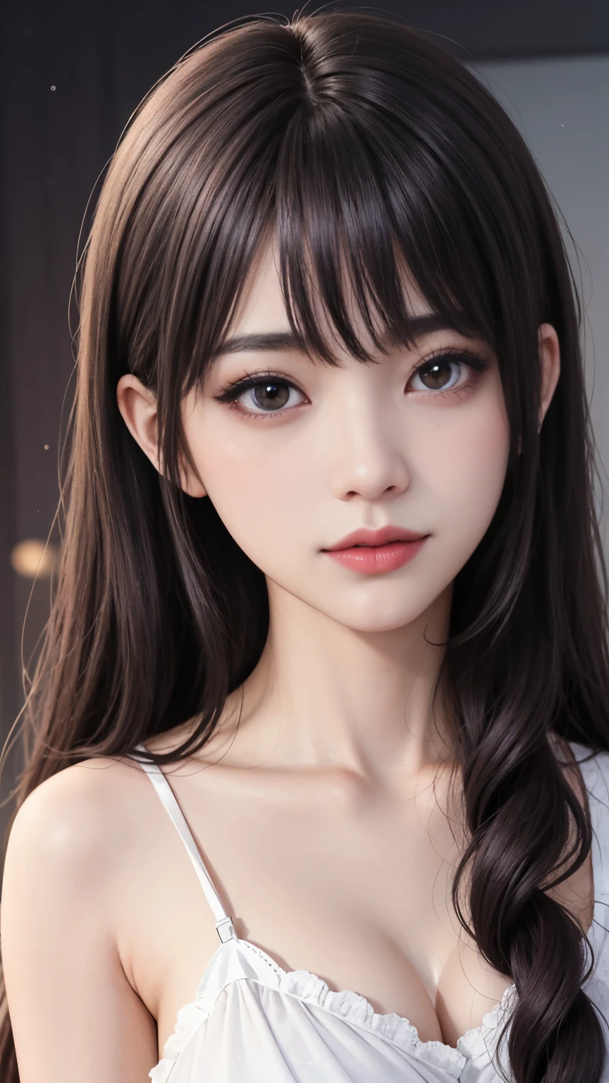 background(Black Night Sky,Big Moon),Woman close up,Wearing a white shirt、Purple Hair,Very long hair,very thick braids,Purple eyes,big , realistic girl rendering, 8k artistic german bokeh, Enchanting girl, Realistic girl, Gurwitz, Gurwitz-style artwork, Girl Roleplay, Realistic 3D style, cgstation Popular Topics,, 8K Portrait Rendering,(Faithfulness,Faithfulness:1.4),Wear pink pajamas,巨big ,Sparkling eyes,Purple eyes、Two Girls、highest quality、Super detailed、4K、Japanese、Captivating beauty、Attractive adult woman、Beautiful woman、Cool girl、evil female、Brainwashed、brainwashing、Fallen into evil、Grin、Evil expression、Evil smile、evil、Brown Hair、Wavy Hair、Swept-apart bangs、Heavy makeup、Heavy makeup、Sharp Eye、Hollow Eyes,Half-closed eyes、Hollow Eyes、Purple Eyeshadow、Black lipstick、Black lip gloss、Long black cheongsam、Wide sleeves、night、Spooky Fortresakeup brush、compensate、Are standing、