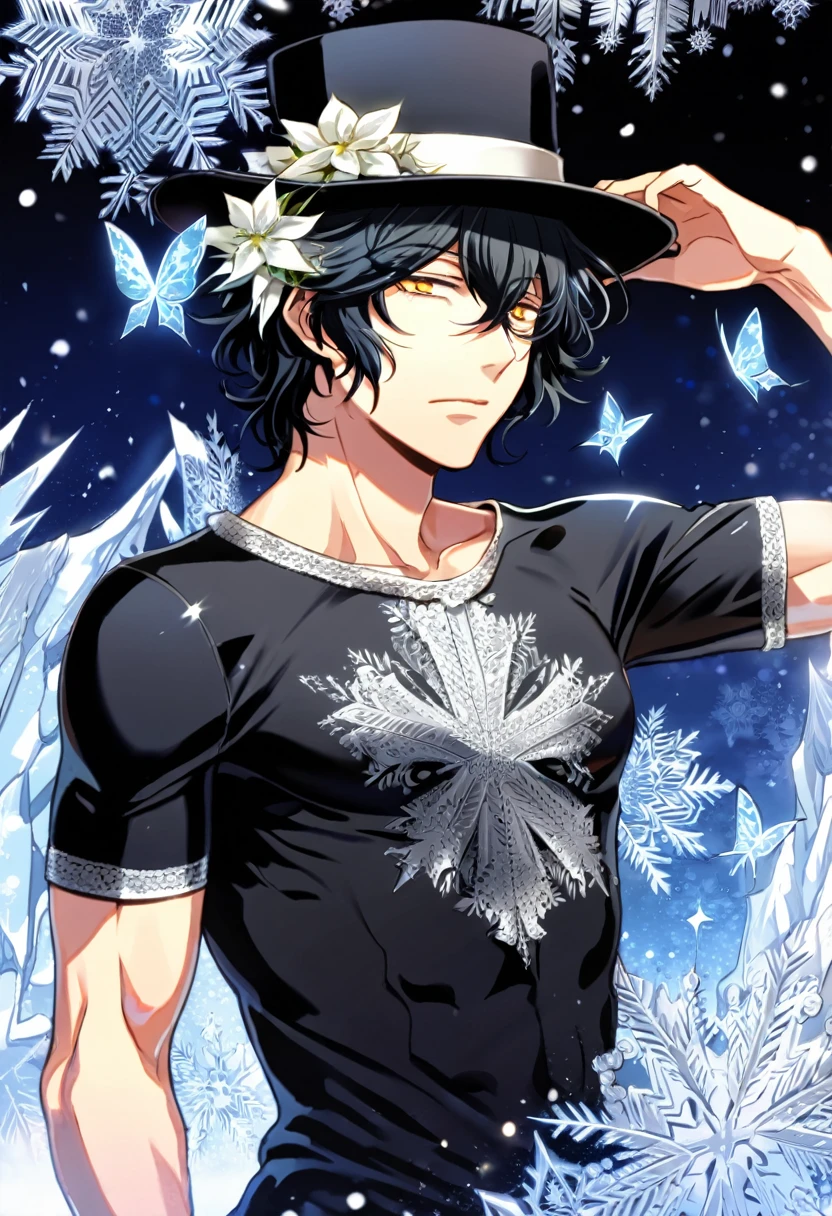 Ultra detailed, HDR, Highres, absurdres, master piece, Gilbert Nightray, black hair, expressive golden eyes, black clothes with patterns, Pandora Hearts, ice butterflies, winter, ice, snowflakes, white flowers, sexy man, solo, extremely detailed face and eyes, handsome, glittering, toned chest, black tight T-shirt, black hat,