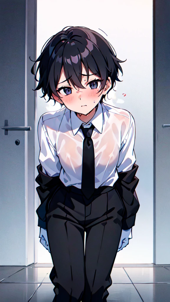 16-year-old boy，cute，Wear a white long-sleeved shirt and a black work tie，Wear black pants，Wear black booties，Wear white gloves，Black hair，Black eyes，blush，sweat，shy，porn，nsfw，Close-up photo