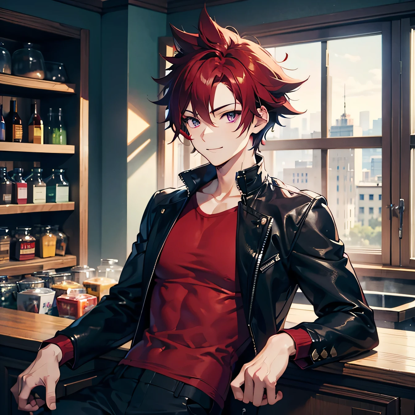 Anime art style,highest quality,High resolution,Anatomically correct,One Man,Twenty generations,Dark red hair,Purple Eyes,Super detailed,Fantasy style attire,Focus on the upper body,Spiky Hair,Spiked Hair,Strong physique,Short black jacket,Plain red tank top,Black trousers,wild atmosphere,Confident々Smile,Tavern,Sitting at the counter,8K