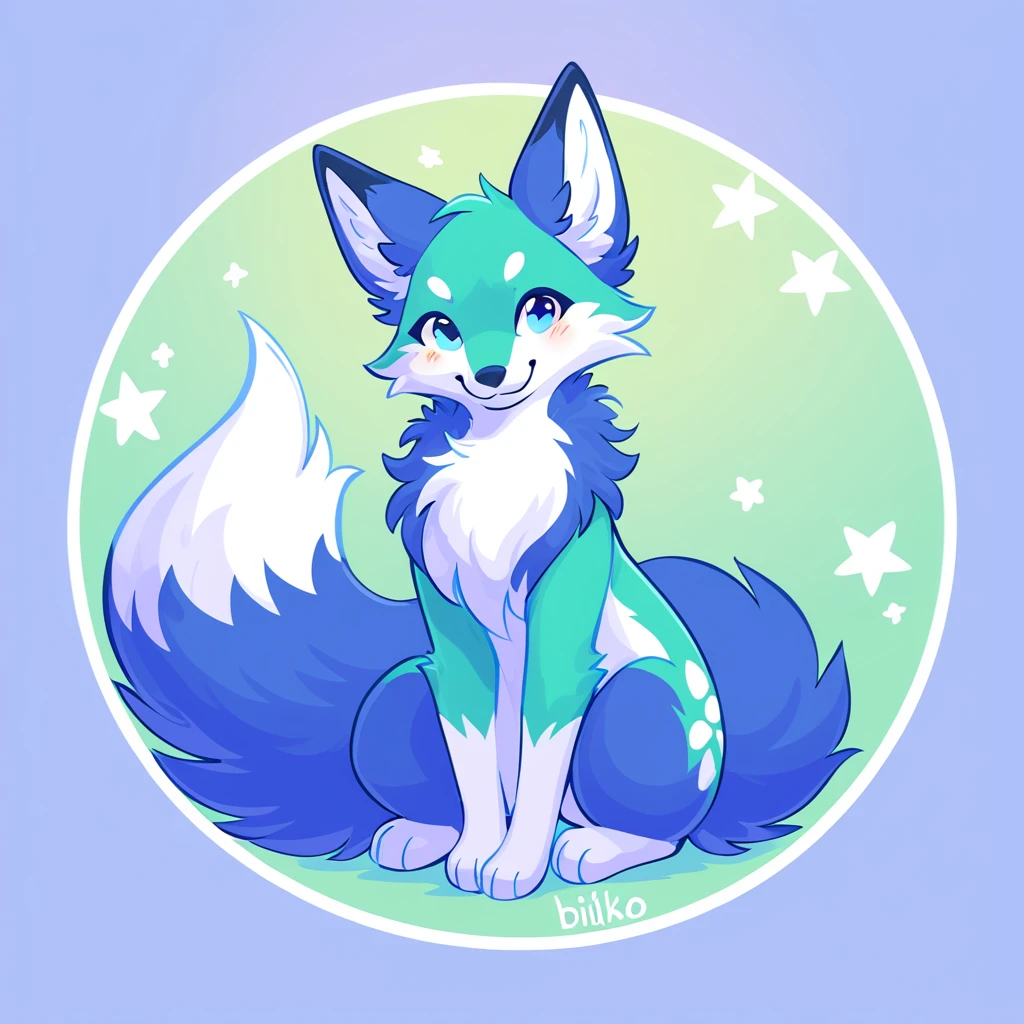 Autobiko with primarily Indigo color palette with white vivid-blue and green-blue with background in fox art style
