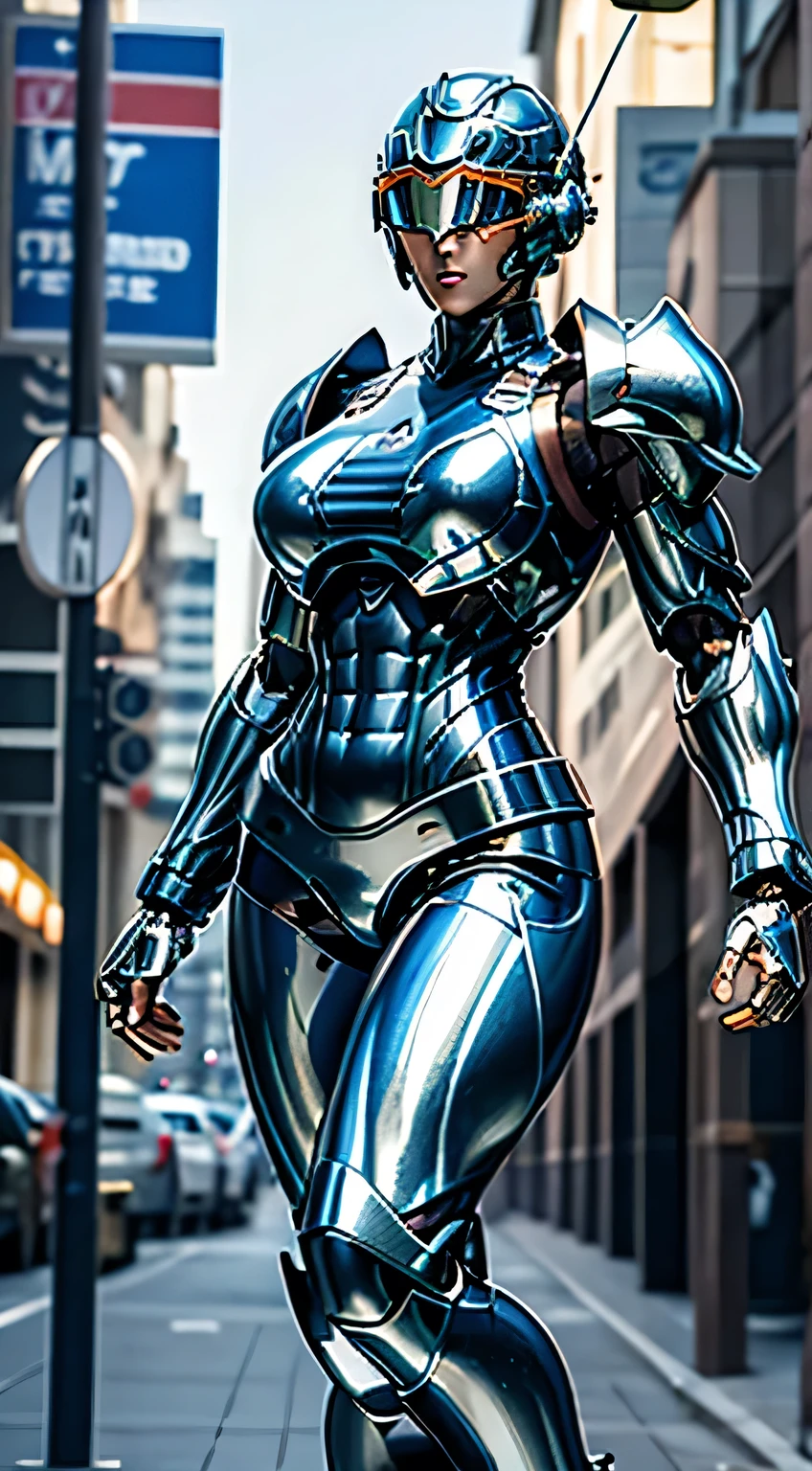 Female Robocop Solo、Bright outdoors、strong light source、8k, high quality, masterpiece, 最high quality、Very detailed、Full body armor、Very large armor、Helmet covering the head、Clear photos、The eyes are pale, Straight Goggles:1.3、The lower half of the face is meat:1.5、Human skin is exposed from the nose to the face.:5.0、Seductive lips、Navy blue metallic armor、Armor that completely covers the chest、length, Thin legs、Clear, poseable body views,Big and ample breasts:1.5, (Sports Body:1.5)、Five Fingers、Photos of the city