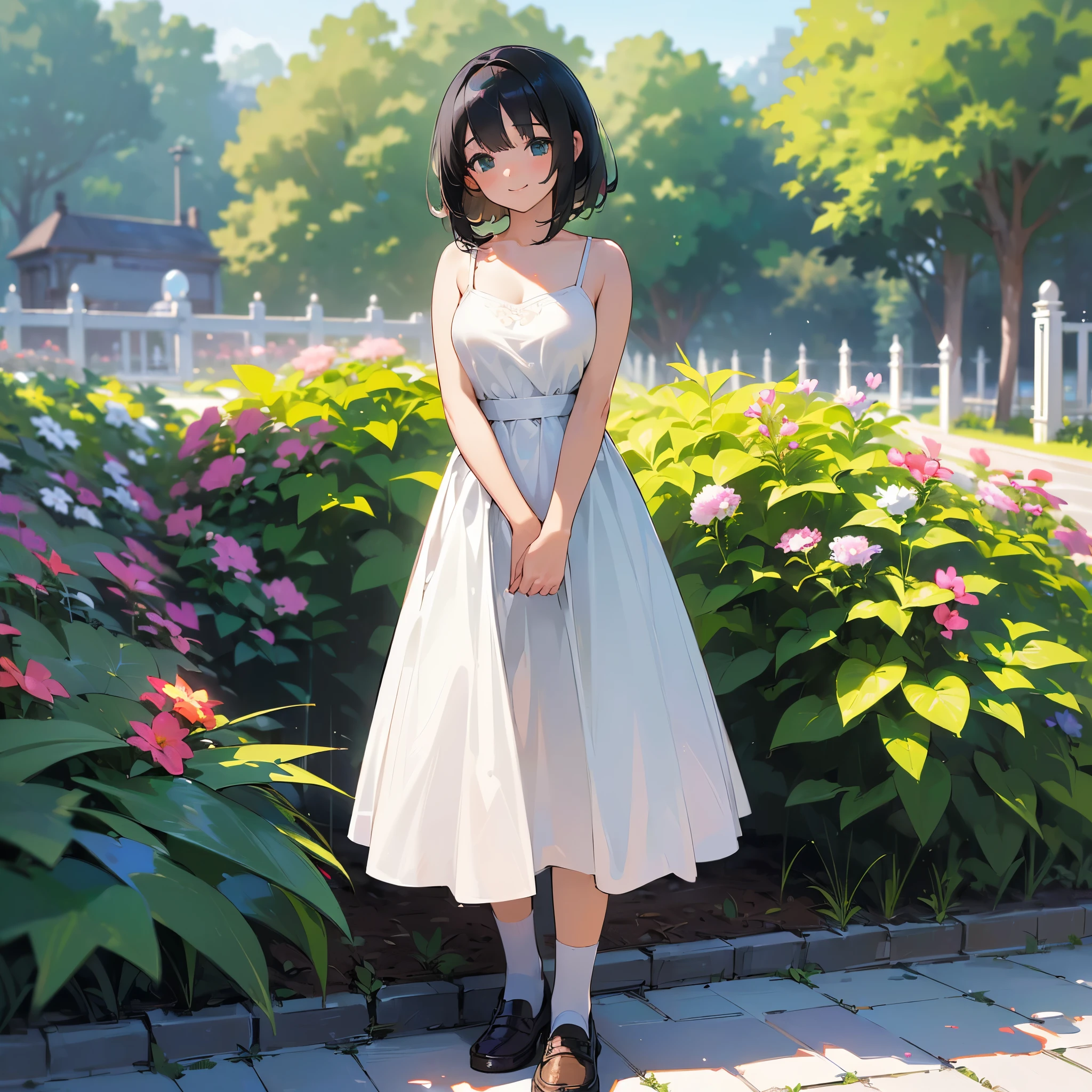 (high quality, High resolution, Very detailed, reality:1.37), Peaceful atmosphere, (Outdoor, garden), Teenage girl standing alone, (my breasts are big.), Beautiful details, Cute Smile, (Black bob hair), White camisole dress, White socks, loafers.