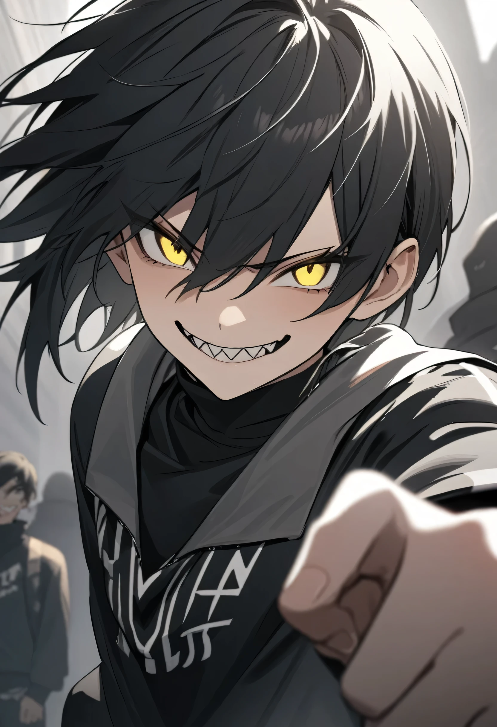 Androgynous, ager, very short black hair. Yellow eyes, sharp teeth, hostile smile. Men's black clothing (best quality).