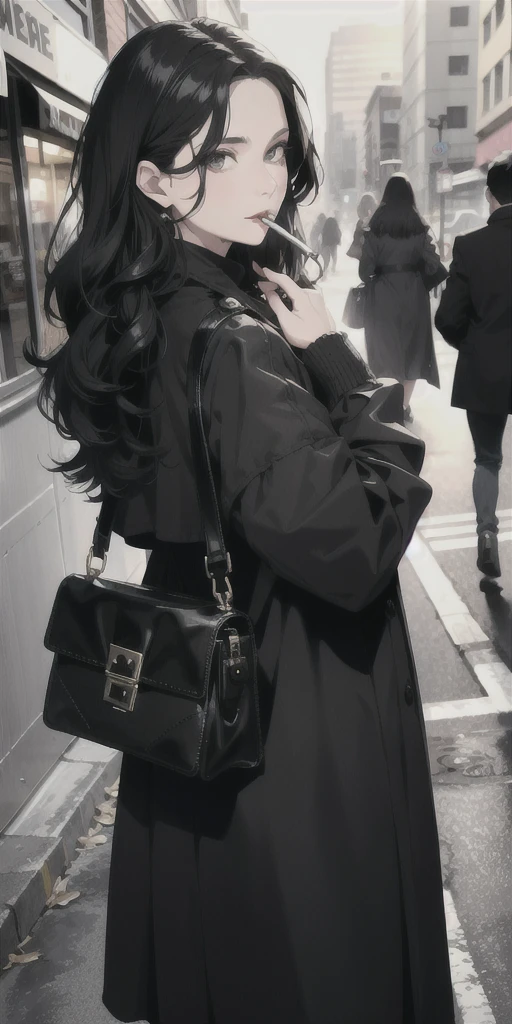 Mature woman, goth, wavy hair, black hair, mature face, hot face, sharp eyes, sharp gaze, big ass, trench coat, black skirt, night, sidewalk, cigarette in mouth, smoking, close view, ((turn around and look back))