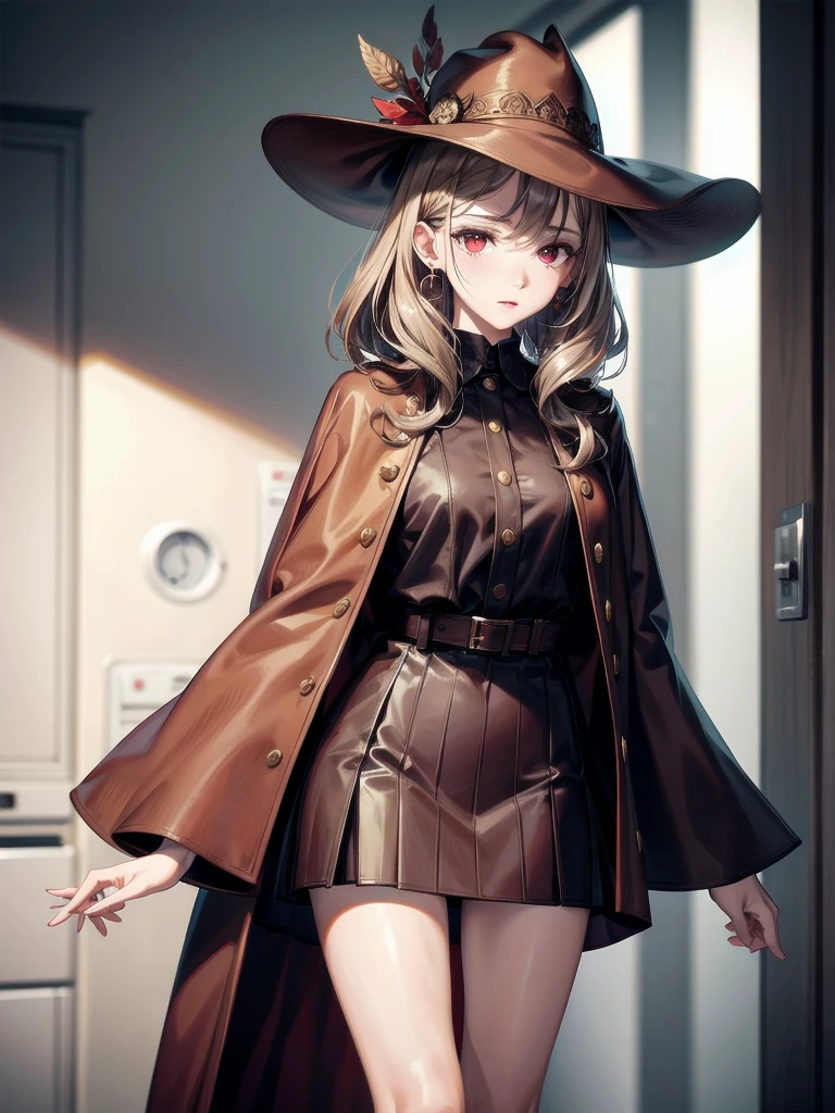 detective, brown headwear, brown capelet, absurdres, RAW photo, extremely delicate and beautiful, masterpiece, Best Quality, ultra high resolution, 32k, hyperrealistic, ultra-detailed, detailed description, pale skin, 20 years old, tearful mole, earring, short medium hair, wavy hair, whole body shot, legs, Red eyes,