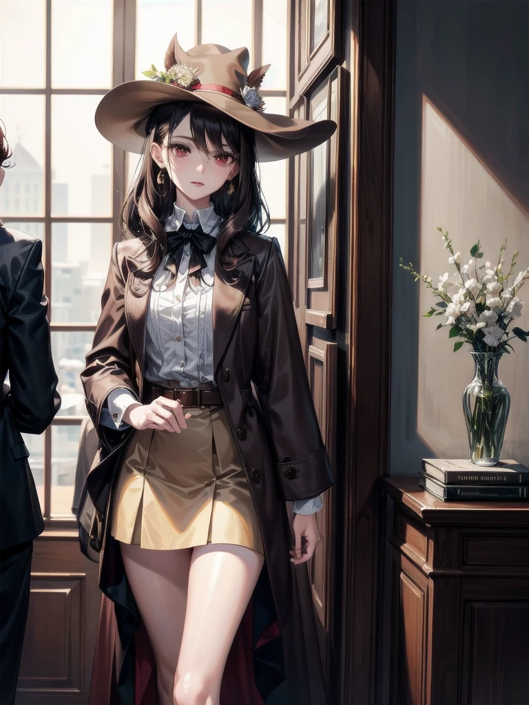 detective, brown headwear, brown capelet, absurdres, RAW photo, extremely delicate and beautiful, masterpiece, Best Quality, ultra high resolution, 32k, hyperrealistic, ultra-detailed, detailed description, pale skin, 20 years old, tearful mole, earring, short medium hair, wavy hair, whole body shot, legs, Red eyes,