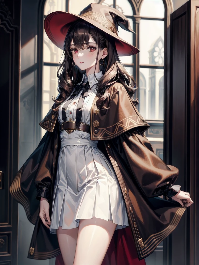 detective, brown headwear, brown capelet, absurdres, RAW photo, extremely delicate and beautiful, masterpiece, Best Quality, ultra high resolution, 32k, hyperrealistic, ultra-detailed, detailed description, pale skin, 20 years old, tearful mole, earring, short medium hair, wavy hair, whole body shot, legs, Red eyes,