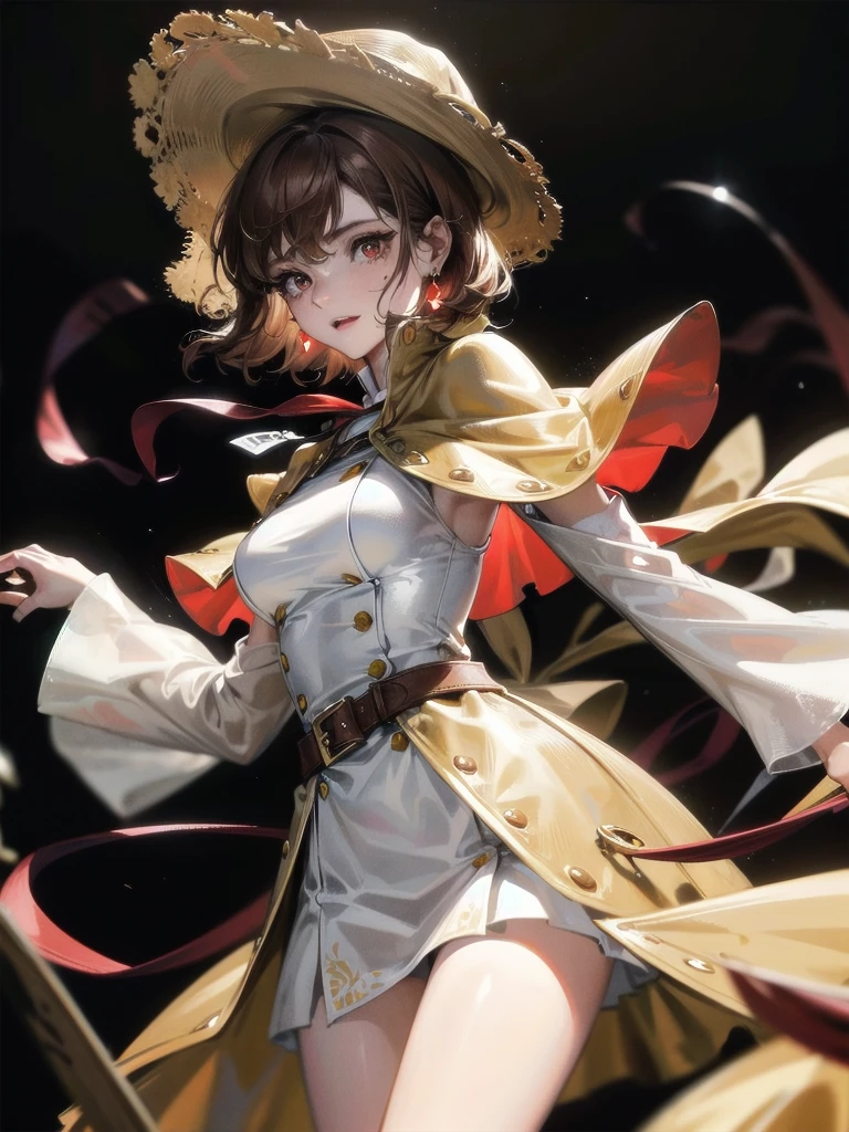 detective, brown headwear, brown capelet, absurdres, RAW photo, extremely delicate and beautiful, masterpiece, Best Quality, ultra high resolution, 32k, hyperrealistic, ultra-detailed, detailed description, pale skin, 20 years old, tearful mole, earring, short medium hair, wavy hair, whole body shot, legs, Red eyes,