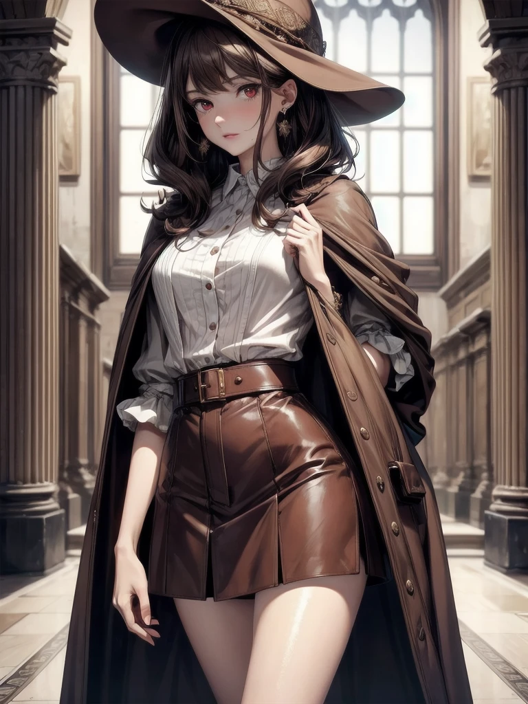 detective, brown headwear, brown capelet, absurdres, RAW photo, extremely delicate and beautiful, masterpiece, Best Quality, ultra high resolution, 32k, hyperrealistic, ultra-detailed, detailed description, pale skin, 20 years old, tearful mole, earring, short medium hair, wavy hair, whole body shot, legs, Red eyes,