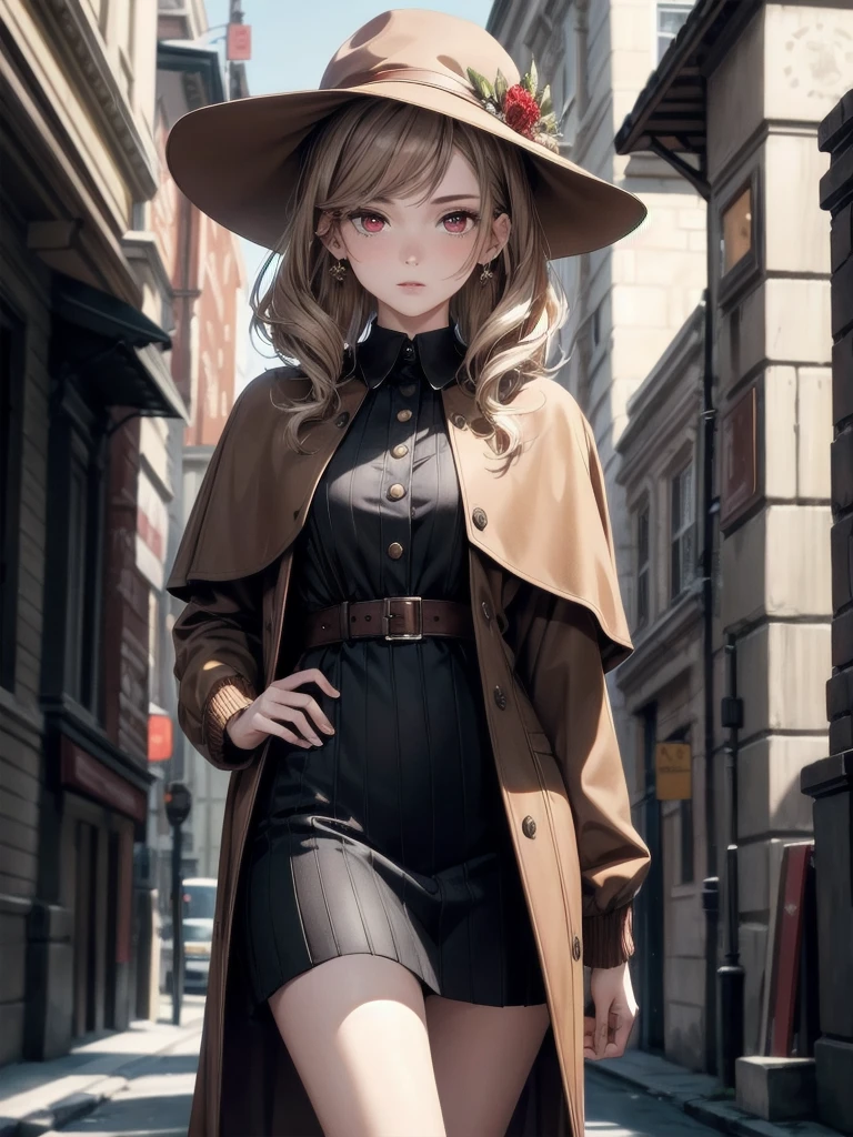 detective, brown headwear, brown capelet, absurdres, RAW photo, extremely delicate and beautiful, masterpiece, Best Quality, ultra high resolution, 32k, hyperrealistic, ultra-detailed, detailed description, pale skin, 20 years old, tearful mole, earring, short medium hair, wavy hair, whole body shot, legs, Red eyes,