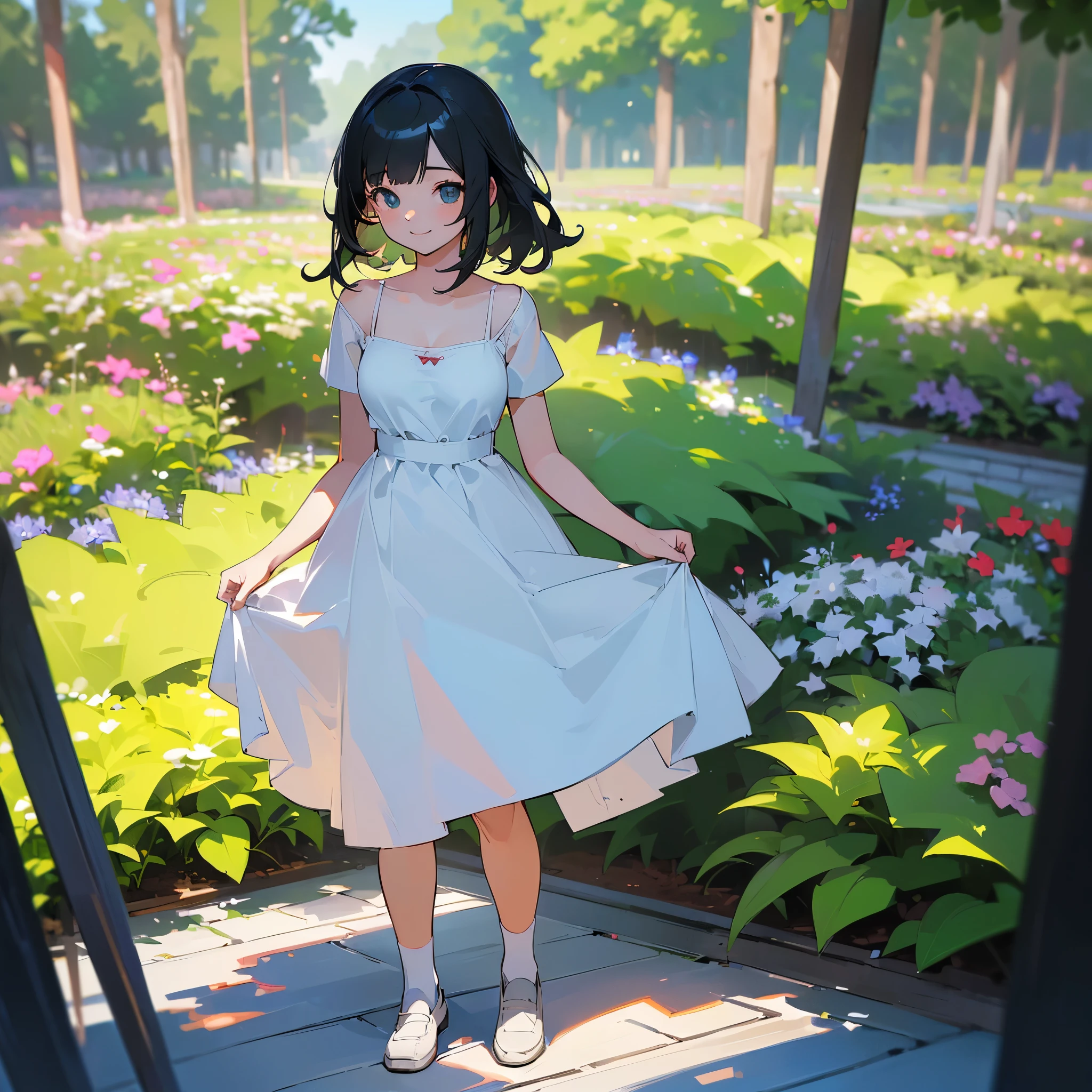 (high quality, High resolution, Very detailed, reality:1.37), Peaceful atmosphere, (Outdoor, garden), Teenage girl standing alone, (my breasts are big.), Beautiful details, Cute Smile, (Black bob hair), White camisole dress, White socks, loafers.