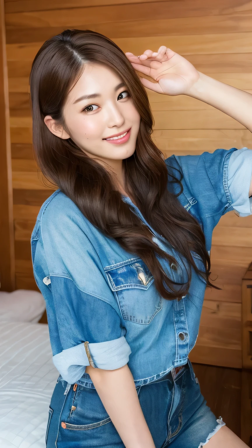 ((highest quality, 8k, masterpiece: 1.3)), 1 female, Japanese Mature,Sensual beauty: 1.3, (Hair style Brown hair Medium wave, big: 1.2), Relaxed nightwear: 1.1, Super slender face, Delicate eyes, double eyelid, Dimples,Mole, Home,relax,A motherly smile,Plump body,Cowboy shot from above,