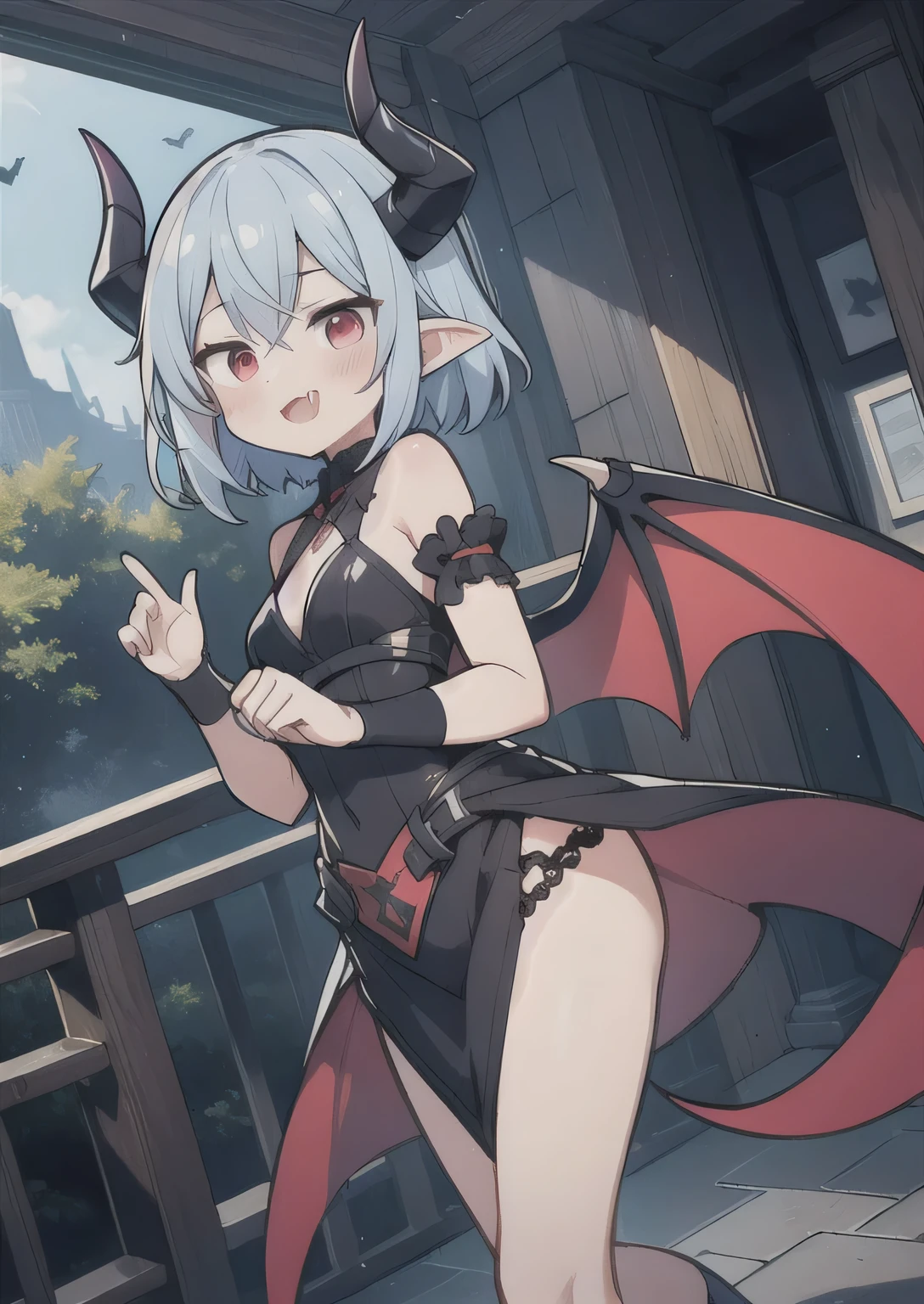 8K, femboy and girl, it, teeawaii vampire, blue hair, crimson hair, short hair, red eyes, bat wings, smile, (blush), (shy), fang, pointed ears, looking at viewer, dynamic angle, wind, game cg, fantastic scenery, demon tail, thin tail, black horns, medium breast, latex, kissing, sexy, dating, dungeons, summon, magic, bulge