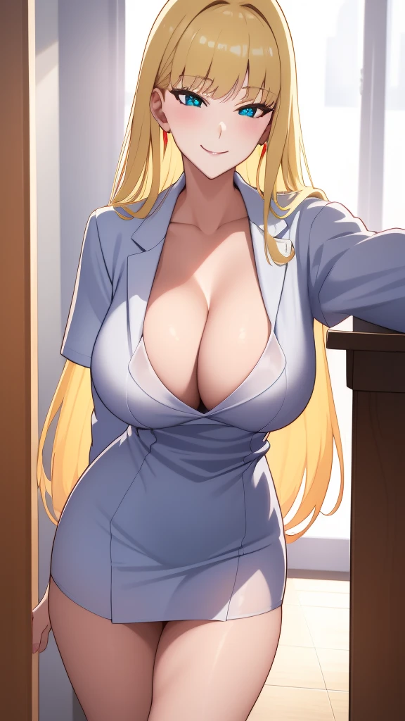 (best quality:1.5, highres, UHD, 4K, detailed lighting, shaders, perfect hand anatomy), blonde straight hair, busty, nurse outfit, cleavage, thighs, smiling, pov, close shot, standing, hospital background