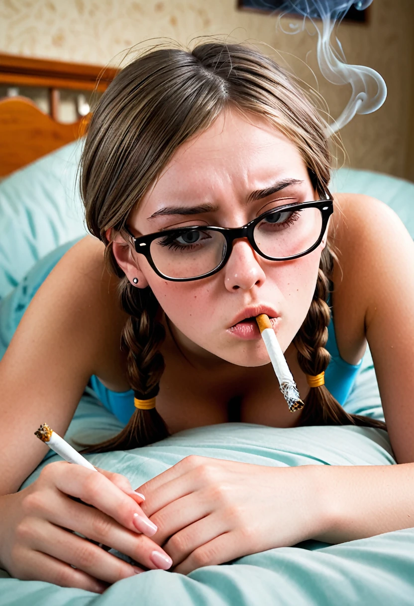 a high school girl lying on her stomach, large breasts, on the bed, piercings, pain, agony, pigtails, glasses, teenager, rapidly smoking cigarettes, sucking very hard on cigarette, the cigarette ash is growing very long, the cigarette ash is very long, SMOKE IN MOUTH, lots of cigarette ash,