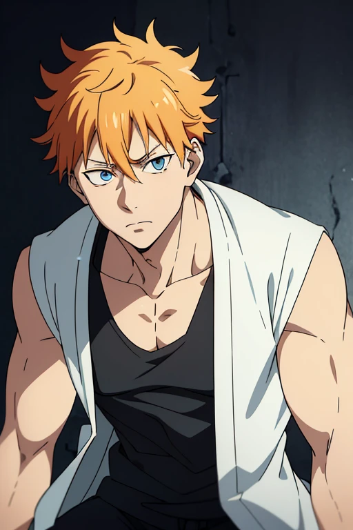 masterpiece, best quality, 1male, slightly musculary, solo, soft expression, very light blue eyes, short messy hair, light orange hair, spiky hair, looking at viewer, (style of Jujutsu Kaisen), (Jujutsu Kaisen by Gege), (anime style:1.5), (anime screencap), (anime art:0.1)