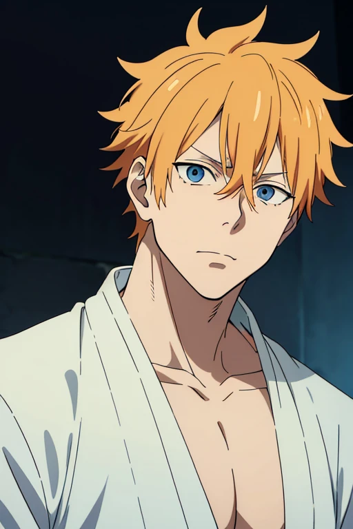 masterpiece, best quality, 1male, slightly musculary, solo, soft expression, very light blue eyes, short messy hair, light orange hair, spiky hair, looking at viewer, (style of Jujutsu Kaisen), (Jujutsu Kaisen by Gege), (anime style:1.5), (anime screencap), (anime art:0.1)