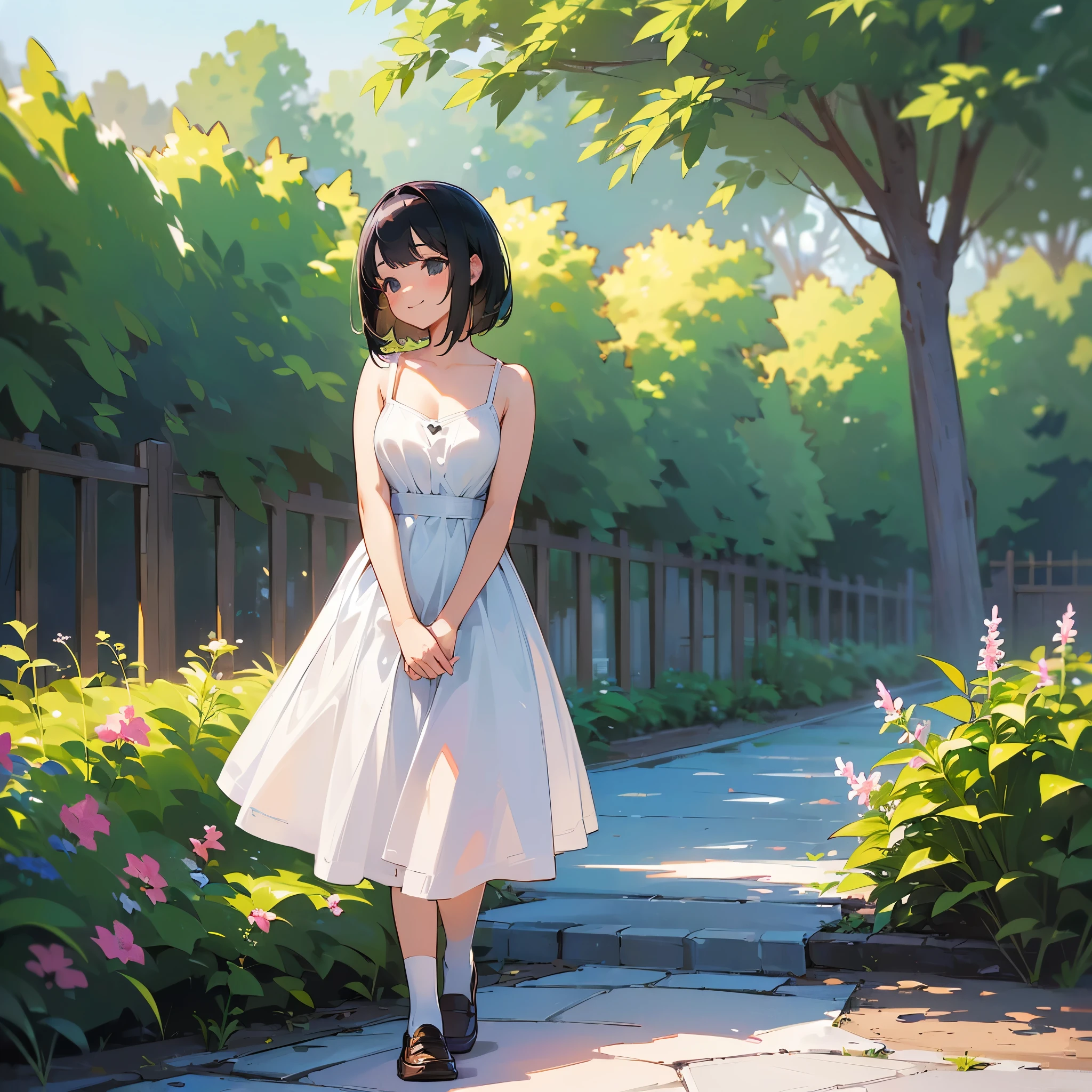 (high quality, High resolution, Very detailed, reality:1.37), Peaceful atmosphere, (Outdoor, garden), Teenage girl standing alone, (my breasts are big.), Beautiful details, Cute Smile, (Black bob hair), White camisole dress, White socks, loafers.