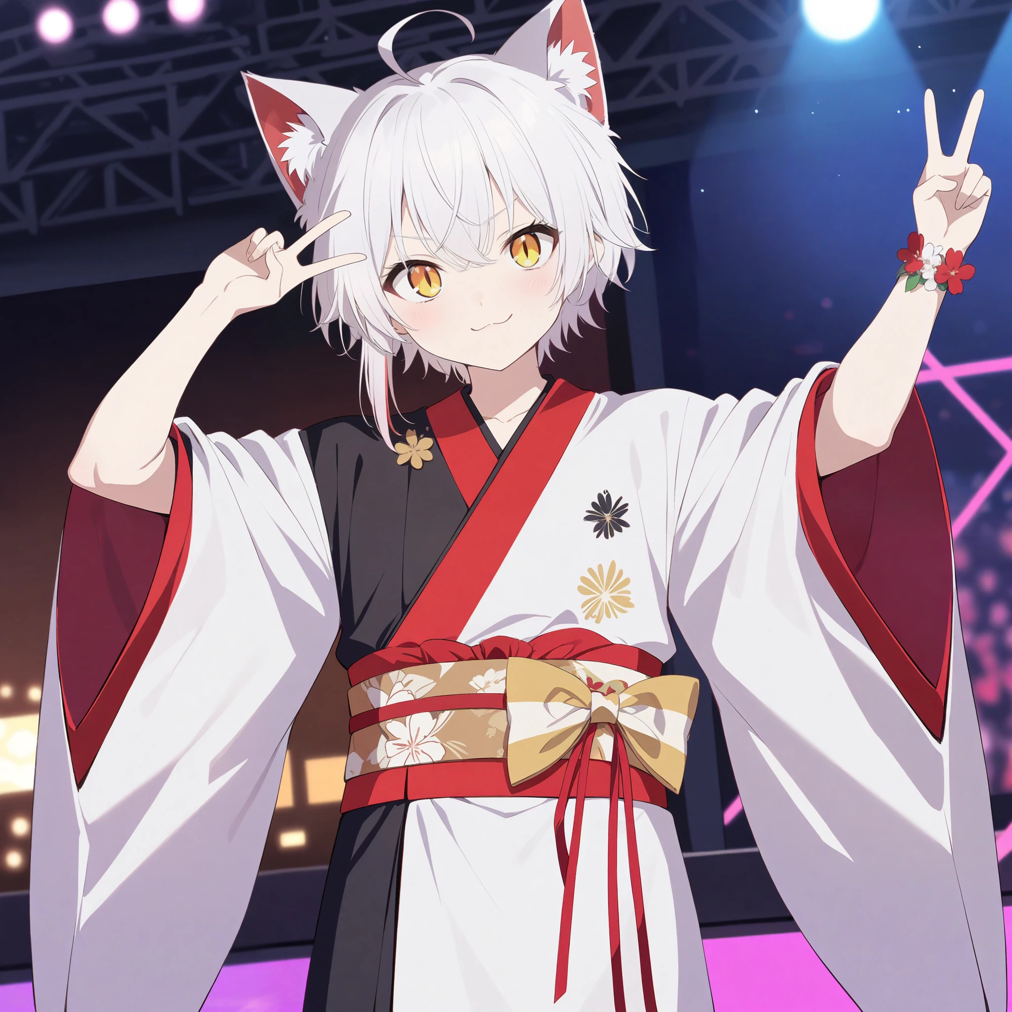 cat_boy,1boy,split color kimono,[(white kimono:1)|(black kimono:1.2)|(red lapel:0.7)],animal ears,white hair, short hair with single long lock,ahoge,yellow eyes,slit pupils, dot nose, looking at viewer,cowboy shot,solo,alone,blurry background,stage,ray,light,viewer,happy,arms up,adol,oshinokoparody,V,idol,confident,closed mouth,