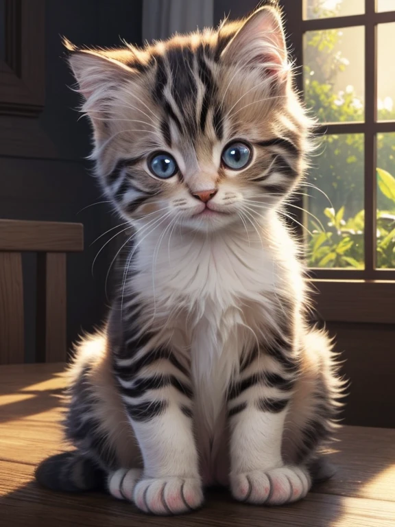 The kitten was sitting on the table,There are a lot of lights, Nice digital painting, Adorableデジタルアート, Cute and detailed digital art, Cute kitten, cute cat, Beautiful and cute, Cute cat, very cute, 史上最もCute kitten, Fluffy and full of light, Miniature Kitten, very cute, Adorable, Cute artwork, Ultra-realistic painting, Beautiful digital art