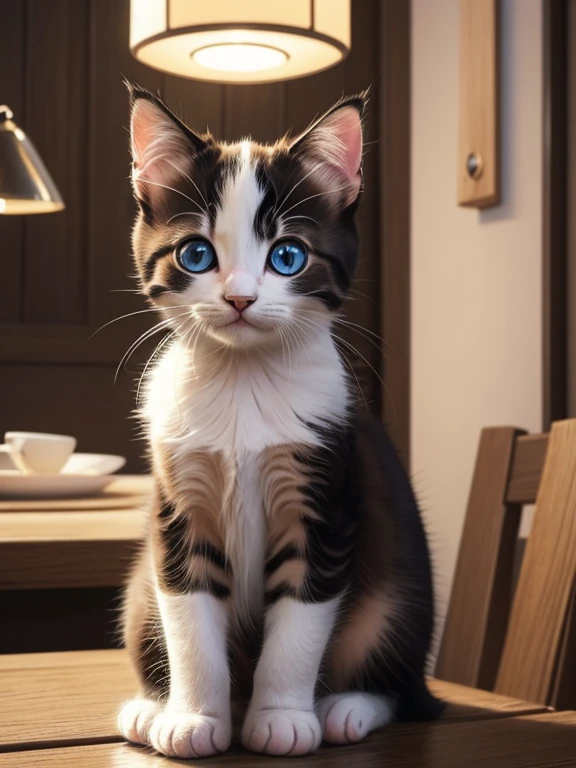 The kitten was sitting on the table，There are a lot of lights, Nice digital painting, Adorableデジタルアート, Cute and detailed digital art, Cute kitten, cute cat, Beautiful and cute, Cute cat, very cute, 史上最もCute kitten, Fluffy and full of light, Miniature Kitten, very cute, Adorable, Cute artwork, Ultra-realistic painting, Beautiful digital art