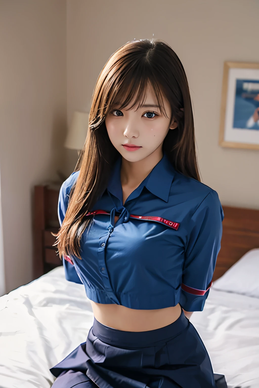 Tabletop, highest quality, 8k、(Golden ratio face、Balanced Eyes、（White panties:1.5）、Very gentle eyelids)、double eyelid、Innocent face、Young Face、Beautiful nose、Detailed hand drawing,Embarrassed laugh、Lip gloss 、Very beautiful girl、spread legs,show while panties