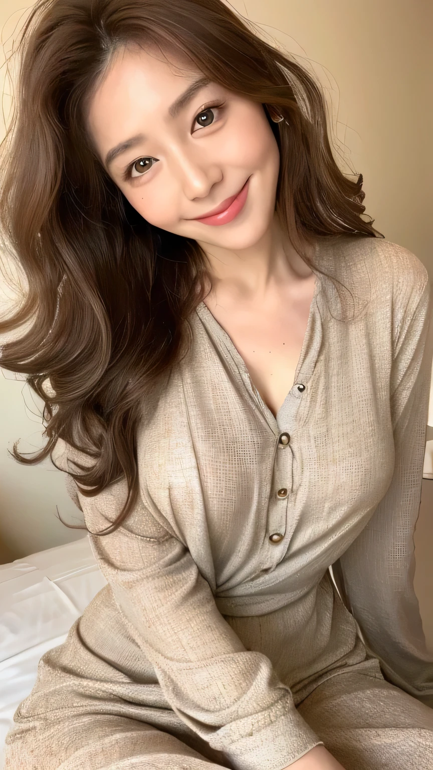 ((highest quality, 8k, masterpiece: 1.3)), 1 female, Japanese Mature,Sensual beauty: 1.3, (Hair style Brown hair Medium curly, big: 1.2), Nightwear: 1.1, Super slender face, Delicate eyes, double eyelid, Dimples,Mole, Home,relax,A motherly smile,Plump body,Cowboy shot from above,