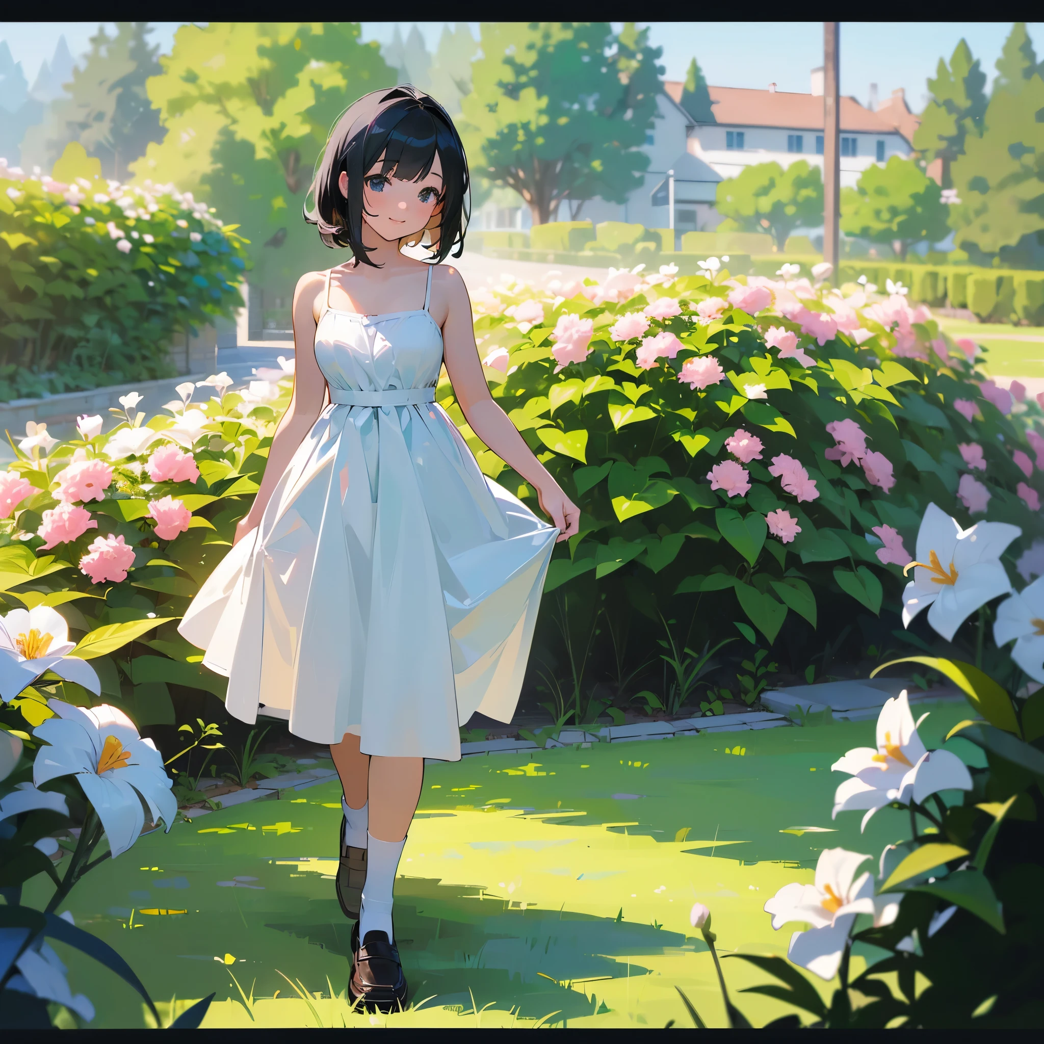 (high quality, High resolution, Very detailed, reality:1.37), Peaceful atmosphere, (Outdoor, garden), Teenage girl standing alone, (my breasts are big.), Beautiful details, Cute Smile, (Black bob hair), White camisole dress, White socks, loafers.