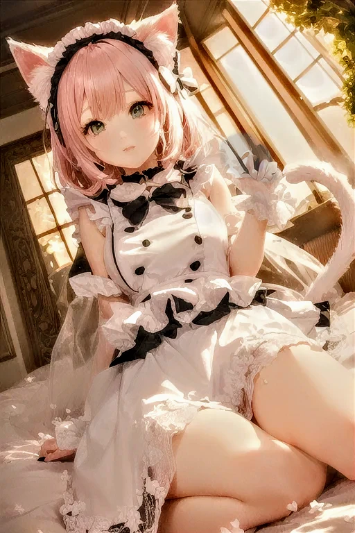 Erotic Cat Cosplay、、Cat ear、cat cosplay、Medium breast、On all fours、Cute underwear、Embarrassed、Pink Hair、short hair、Bedroom、White bra、White panties、Lie down on the bed、Blushing、On all fours、On all fours