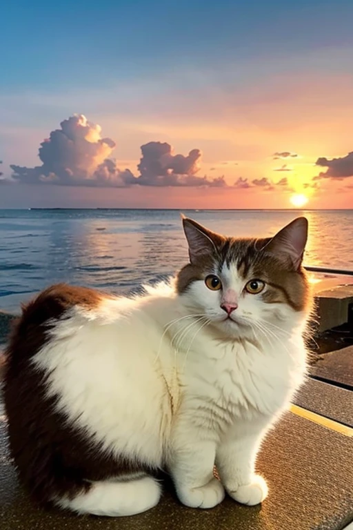 Fluffy cat、The color is a mixture of brown and white、A little smile、
Evening sea background、