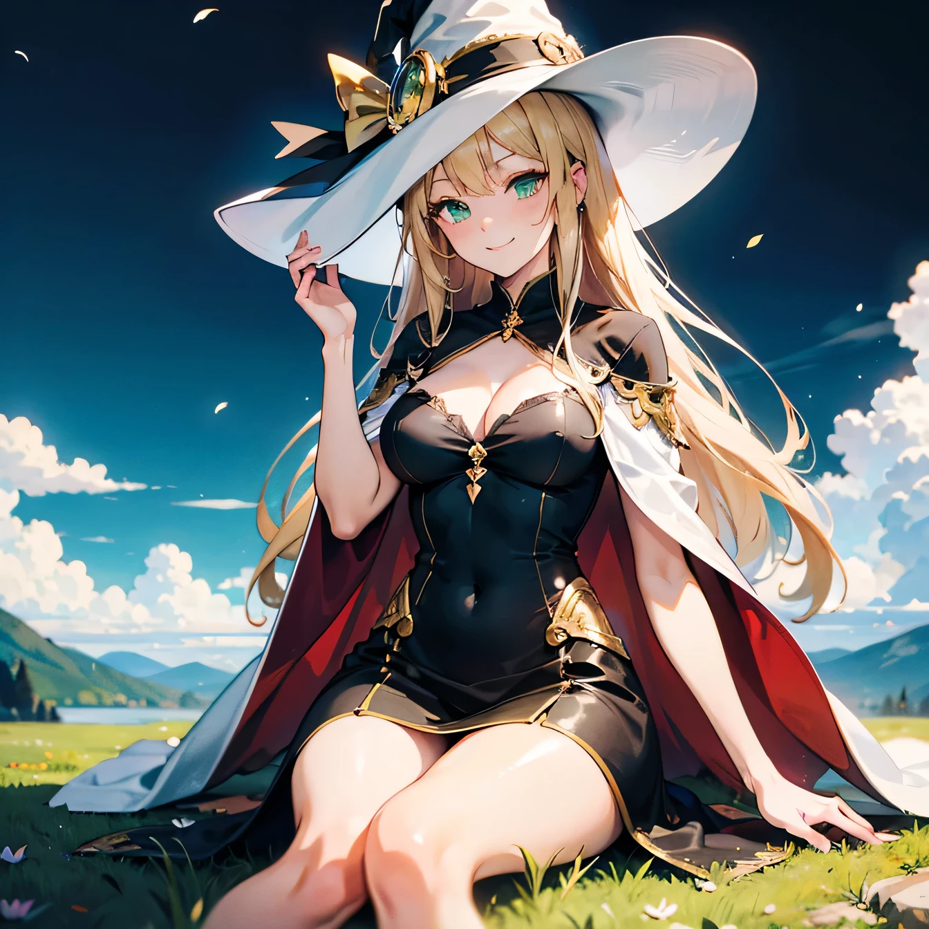 Anime Moe Art Style,highest quality,High resolution,Anatomically correct,One Woman,Twenty years old,Blonde,Super long hair,Straight Hair,Green Eyes,Super detailed,Fantasy Style,witch,White hat with gold trim,White cloak with gold trim,A long black dress,Medium sized breasts,smile,night,In the mountains,Sitting directly on the grass,Beautiful posture,8K