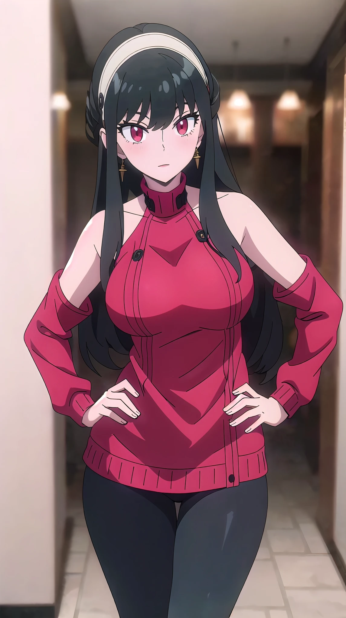 ((Masterpiece)), beautiful details, perfect focus, uniform 8K wallpaper, 4320p, high resolution, exquisite texture in every detail, Medium shot photograph, ((1 girl)), solo, looking at viewer, short-hair, red eyes, ((((gigants_breasts)))), hands on hips, (((well drawn and drawn hands: 0.8))), (hidden_hands), ((((setting pose)))), ((spread lengs)), (((open-lengs)), Focus two feet, Yor has black hair, pale skin, dark red eyes and has a slim build. She usually wears her long hair tied up with two long front strands, while the back is usually tied up. He appears to be of average height, possibly around 160+ centimeters. She always wears pointed earrings shaped like her favorite weapon. Normally she usually has calm and gentle expressions, but when she gets drunk or too angry she is seen with threatening and dark expressions, She wears a red sweater with bare shoulders and a slight neckline in the back, black leggings and brown ankle boots. She also usually wears her hair loosely tied up with a white headband,