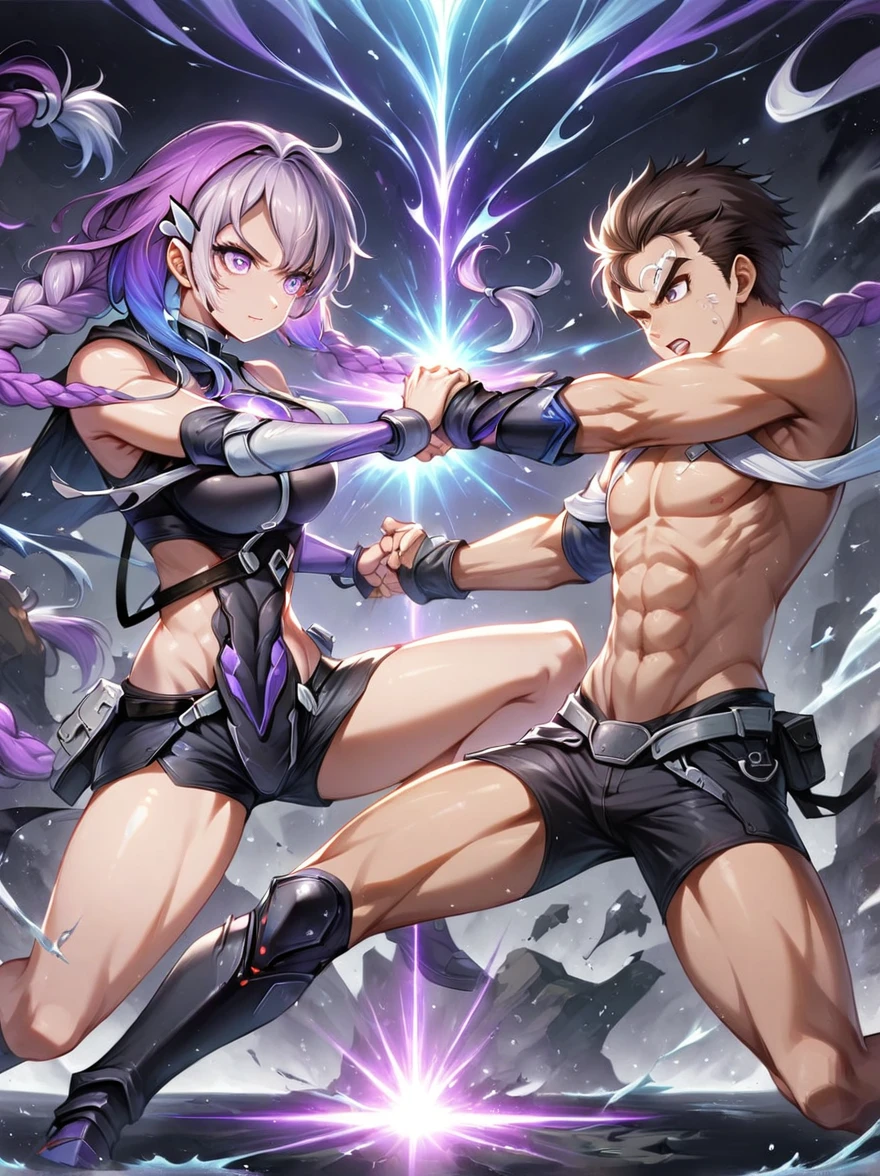 (1yj1)，(boy，Strong body:1.5)，(boy and girl fighting:1.9)，Anime Girl, (Purple and White Ombre Double Braid Long Ponytail:1.3), (A bunch of dark purple hair on the forehead, multicolored hair, (Dark purple eyes)，Cool, character, brave, White Mech SuitBREAK Black Mech Shorts, panoramic，whole body，The figure is in the center