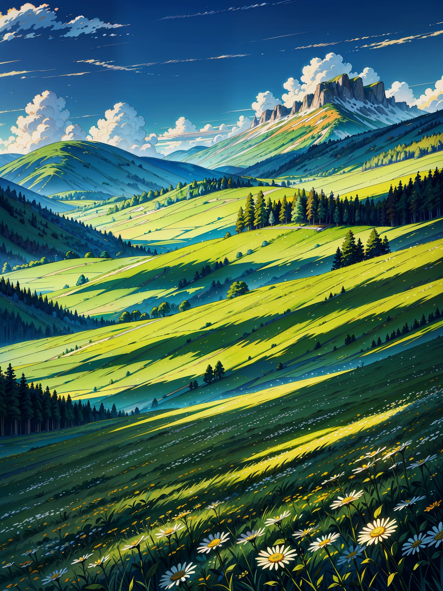 a painting of a field of daisies with trees in the background, meadow with flowers, vibrant gouache painting scenery, meadow background, mountain behind meadow, meadows on hills, wildflowers and grasses, by Bob Thompson, field of wild flowers, meadow flowers, summer meadow, field with grass and flowers, background of flowery hill, by Elaine Hamilton, rocky meadows
