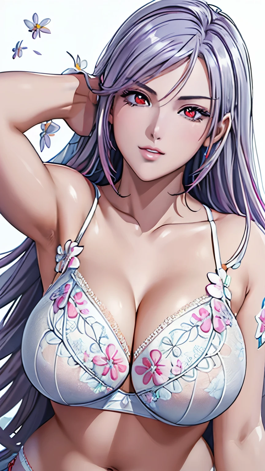 red eyes with slit pupils, (highest quality, masterpiece painting:1.3), immature woman, , (half body shot), masterpiece, ultra high resolution, (Photoreal:1.0), ((light purple hair)),straight hair, beautiful shining hair, white and shining skin, ((Ultra realistic details)), octane rendering, highly detailed face, (big breasts:0.8), (make a heart with hands), （(White bra,White pantieeautiful detail shorts with colorful floral embroidery and luxurious embroidery +:1.5)),Salute,(Flower motif lingerie),(Gorgeous:1.2),(Lace,Detailed:1.3),(See-through:1.6), open neckline, cleavage, perfect body, soft skin, White cherry blossom embroidery pattern, silver earrings, (pure white background:1.4), sharp focus, intricate details, professional artwork, (bright colors:1.1), bright colors, diffused lighting, digital blending, ultra-definition body, ultra detail hair, super detailed face, trending on pixiv, top button open, Cute gaze, compensate, perfect lips, perfect compensate, Ultra-precision coating, (light_smile:0.8), 