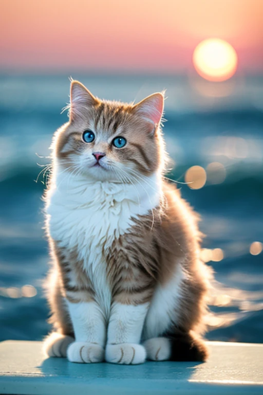 Fluffy cat、The color is a mixture of brown and white、A little smile、
Evening sea background、