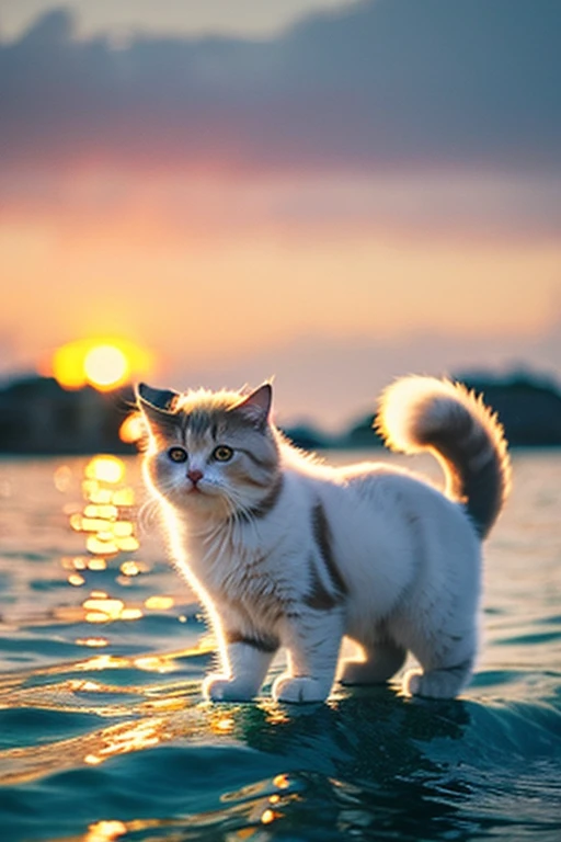 Fluffy cat、The color is a mixture of brown and white、A little smile、
Evening sea background、