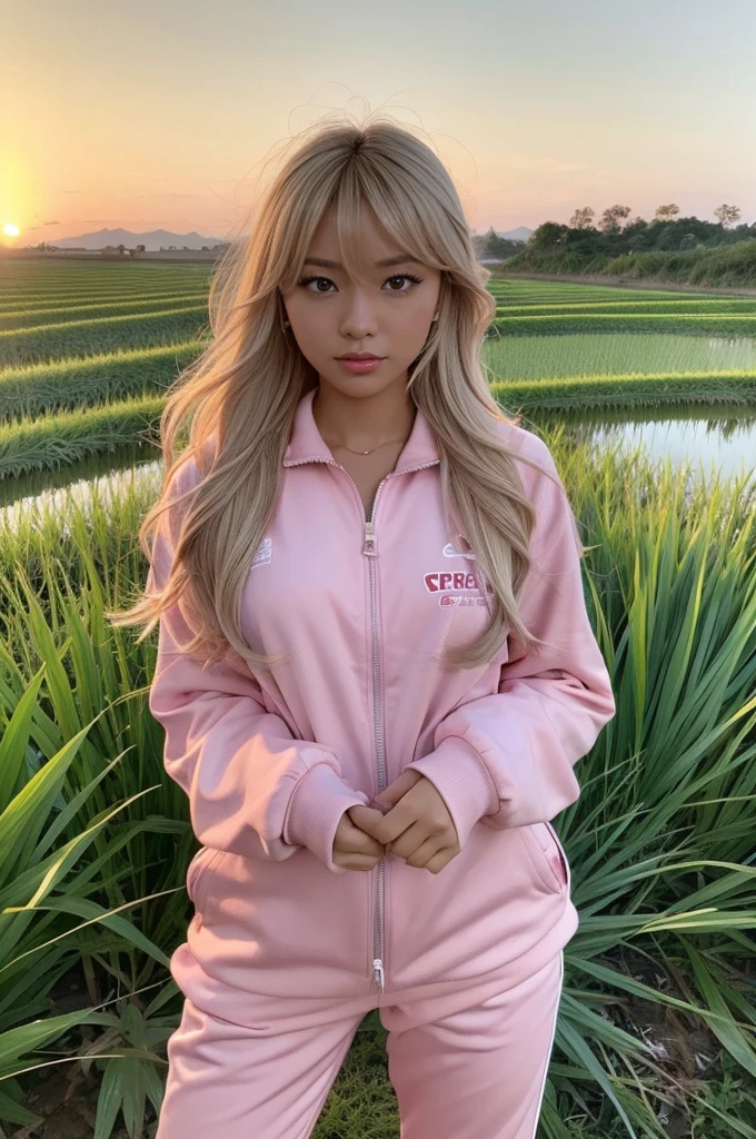 gyaru, dark-skinned, shiny oiled skin, blond hair, wearing pink tracksuits, standing in the rice field, at sunset