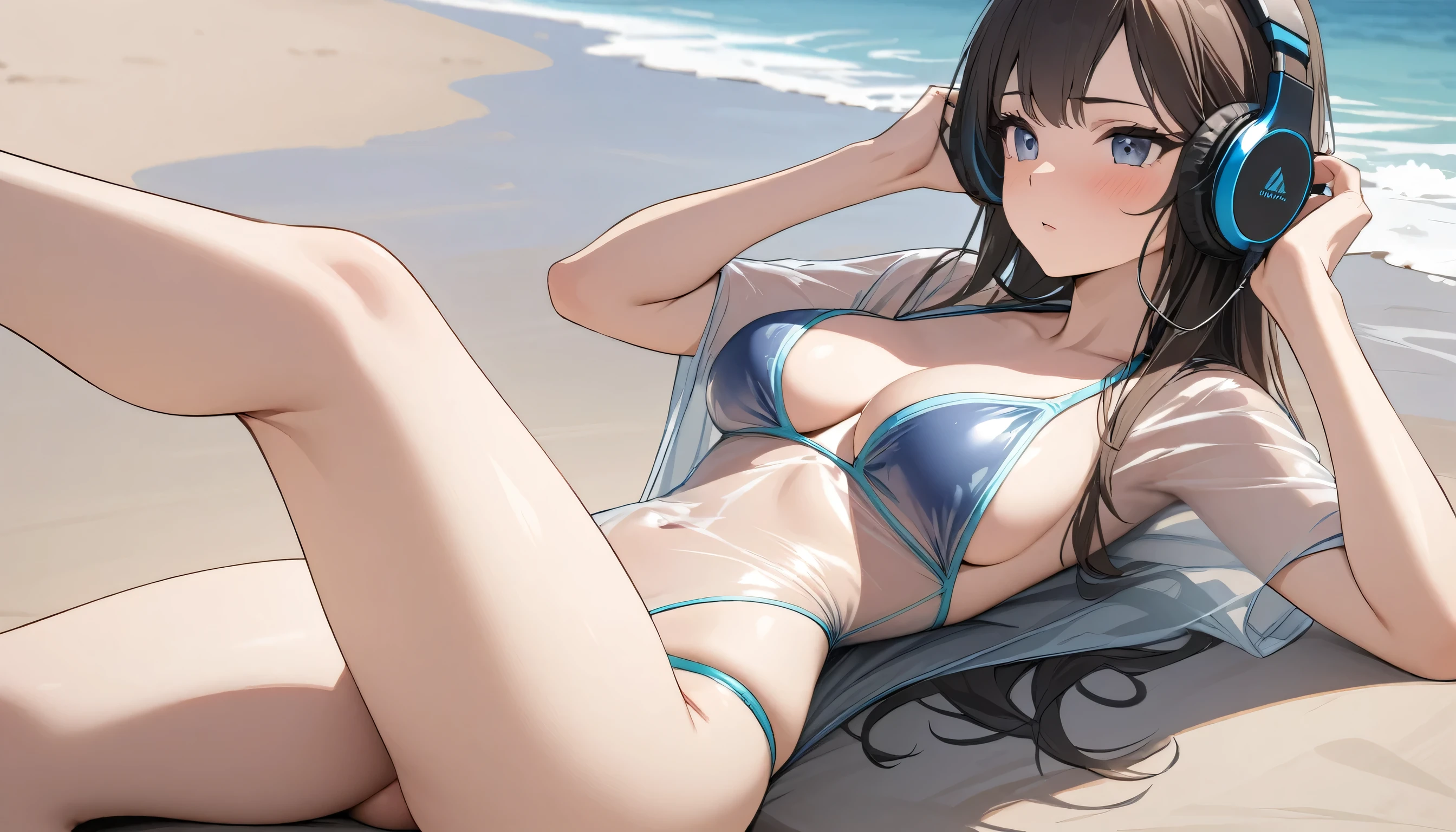 ((Top Quality)), ((Masterpiece)), (Detail), perfect face, sitting on the beach, listening to music, woman, wearing headphones, wearing swimsuit, swimsuit is transparent, sitting with legs spread, wearing tight clothing, buttocks and breasts exposed
