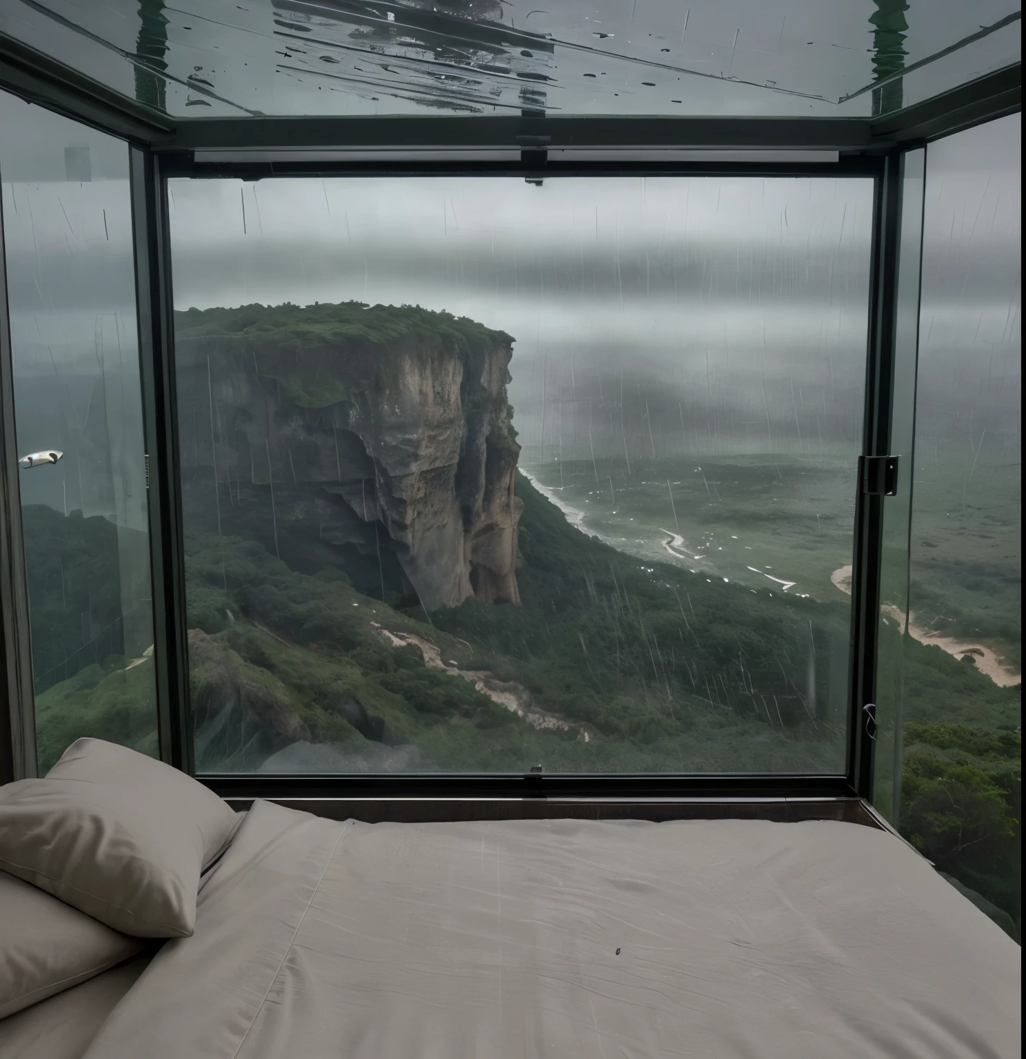 a bed in a glass box on a cliff, very close to real nature, in the middle of nature completely covered, raining outside, rain falling, epic and impressive, all in the incredible outdoor view.