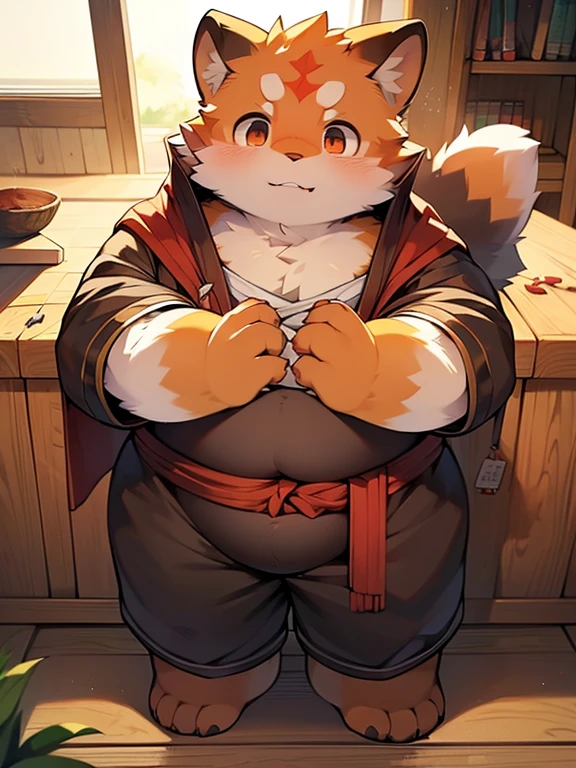 ((solo)), e621, furry, male, anthro, fat, obese, chubby, moobs, open legs, fat chest, penis, dick, leaking, balls, red panda, sword, fantasy, rpg, pose, forest, woods, tree, paws, orange fur, belly, overweight, blushed, detailed face, high contrast, saturated colors