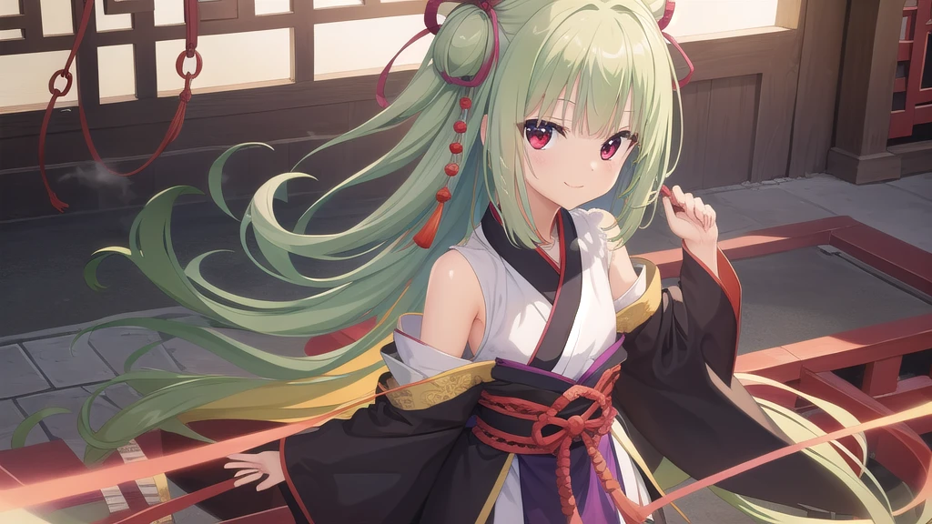 ((masterpiece)),(best quality),Official Art,Extremely detailed CG,Unity 8k Wallpaper,Super detailed,Beautiful and delicate eyes,Extremely detailed face,1 girl,solitary,,(whole body:1.5),(small:1.3),Smile,,Murasame,Very long hair,Green Hair,sides up,Purple bow,hairpin,Side Chain,Bangs,Red Eyes,Neck strap,Red belt,Ink wonderland，Chinese ink style，Long sleeves hanfu，Tai Chi Bagua Array，Misty Jiangnan，