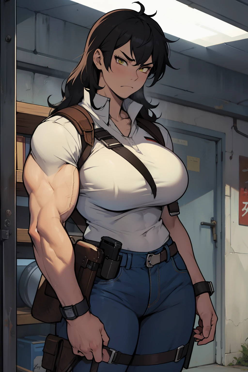 huge breasts huge breasts huge breasts muscular muscular muscular thick thick thick black hair yellow eyes pale skin female sad frown gun holster