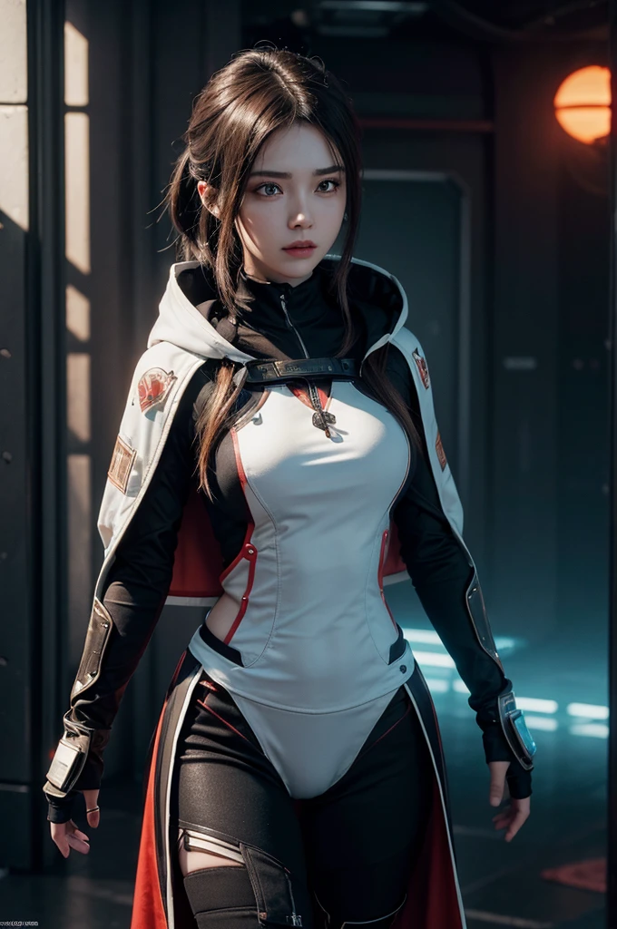 ((best quality)), ((masterpiece)), (detailed:1.4), 3D, Beautiful cyberpunk female character wearing a cloak, HDR (High Dynamic Range),Ray Tracing,NVIDIA RTX,Super Resolution,Unreal 5,Subsurface scattering,PBR Textures,Post-Processing,Anisotropic filtering,Depth of Field,Maximum clarity and clarity,Multi-layered textures,Albedo and specular reflectograms,Surface shading,Accurate simulation of the interaction between light and material,Red neon set, Perfect proportions,Octane Rendering,Two-color lighting,Large aperture,Low ISO,White Balance,Rule of Thirds,8K Native,