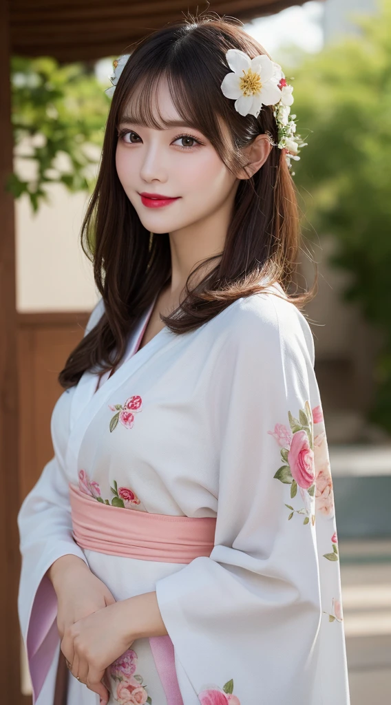 whole body, best quality, shape, Very detailed, detailed, high resolution, 8k wallpaper, Perfect dynamic composition, Beautiful details, kimono,Medium Length Hair, Central chest, Natural lip color, Casual sexy pose,Smile,shrine,flower hair accessories,Lovely,