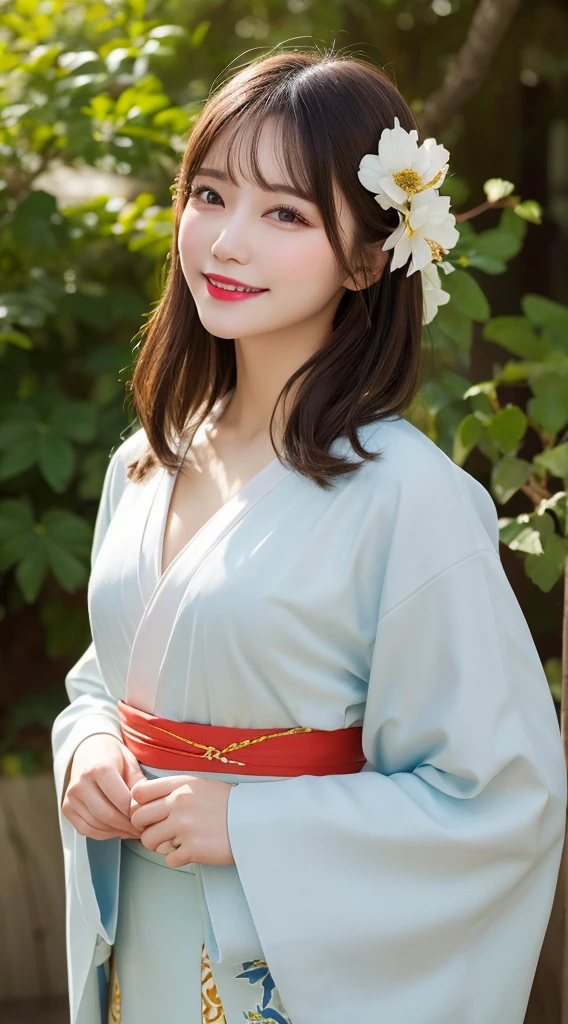 whole body, best quality, shape, Very detailed, detailed, high resolution, 8k wallpaper, Perfect dynamic composition, Beautiful details, kimono,Medium Length Hair, Central chest, Natural lip color, Casual sexy pose,Smile,shrine,flower hair accessories,Lovely,