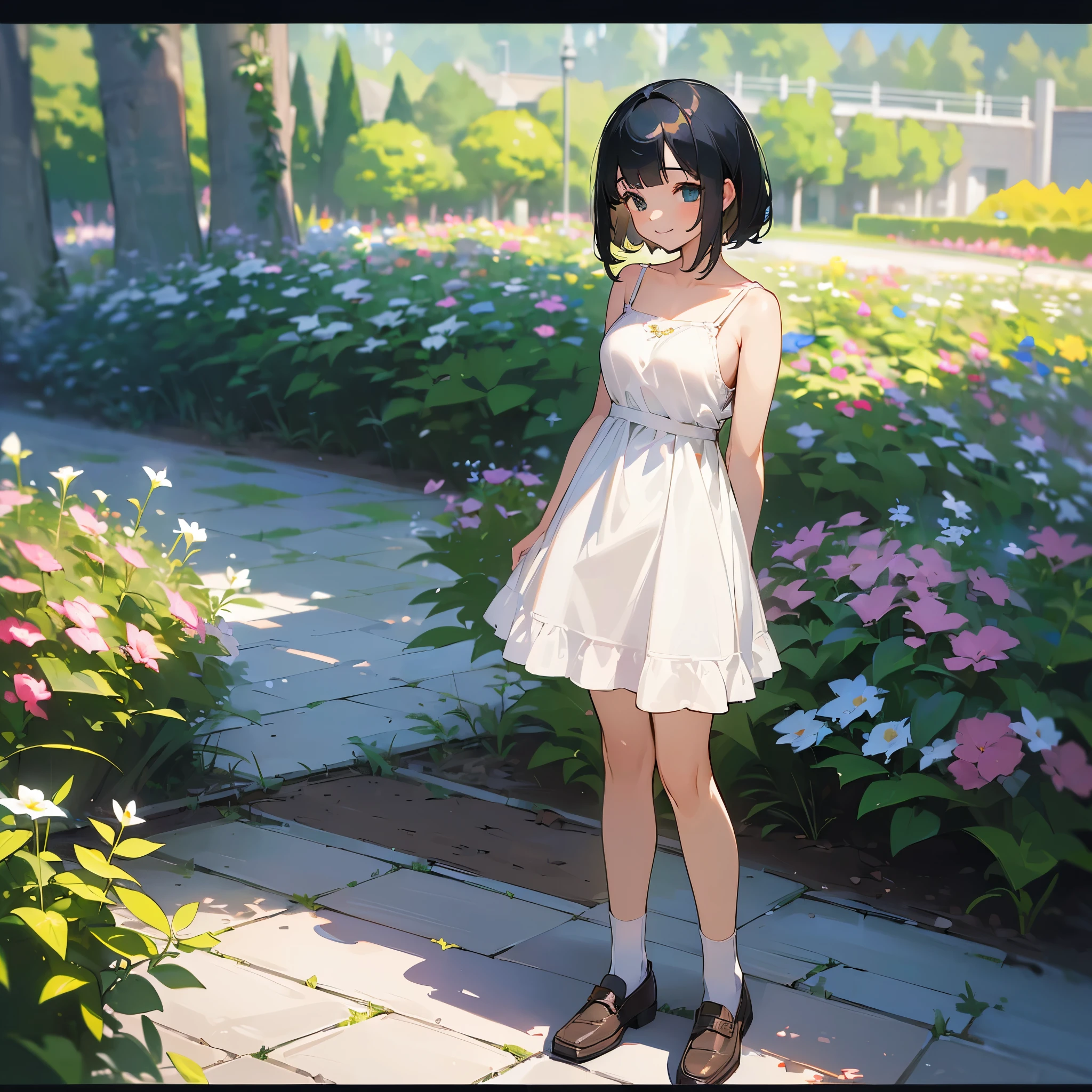 (high quality, High resolution, Very detailed, reality:1.37), Peaceful atmosphere, (Outdoor, garden), Teenage girl standing alone, (my breasts are big.), Beautiful details, Cute Smile, (Black bob hair), White camisole dress, White socks, loafers.