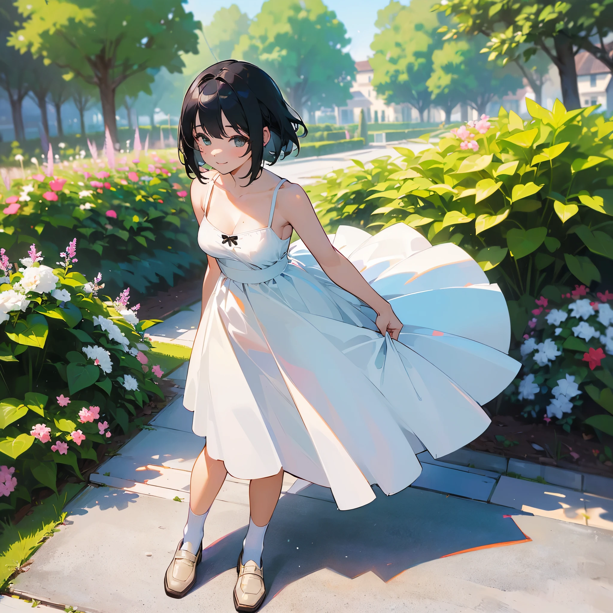 (high quality, High resolution, Very detailed, reality:1.37), Peaceful atmosphere, (Outdoor, garden), Teenage girl standing alone, (my breasts are big.), Beautiful details, Cute Smile, (Black bob hair), White camisole dress, White socks, loafers.